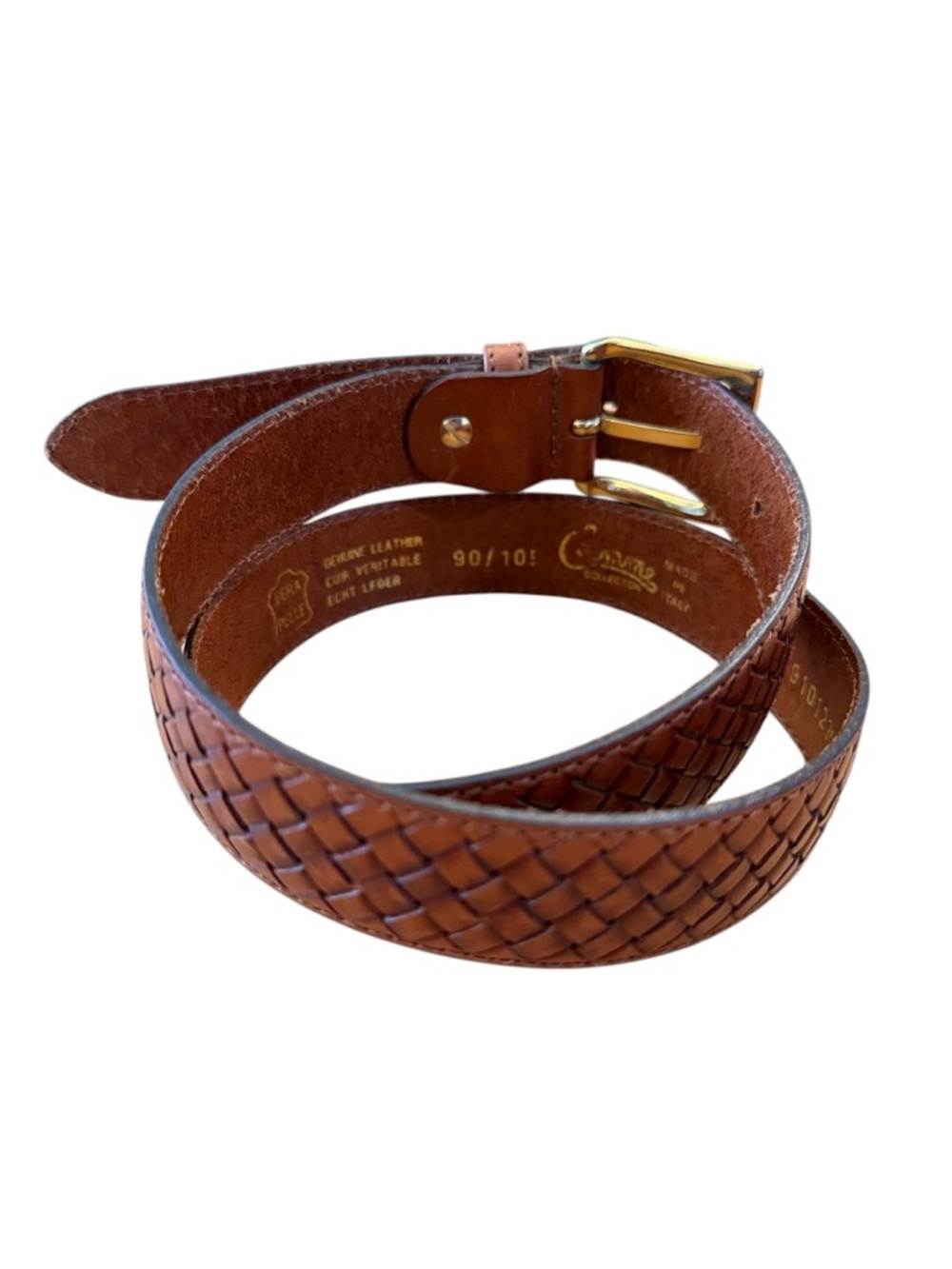 Italian Woven Leather Belt Brown Gold Buckle Made in Italy Unisex Fits 27-31 - Picture 6 of 15